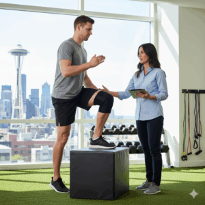 Progressive Seattle physical therapy for meniscus repair physical therapy: Patient performs box step-ups, crucial for return to sport after surgery under expert guidance.
