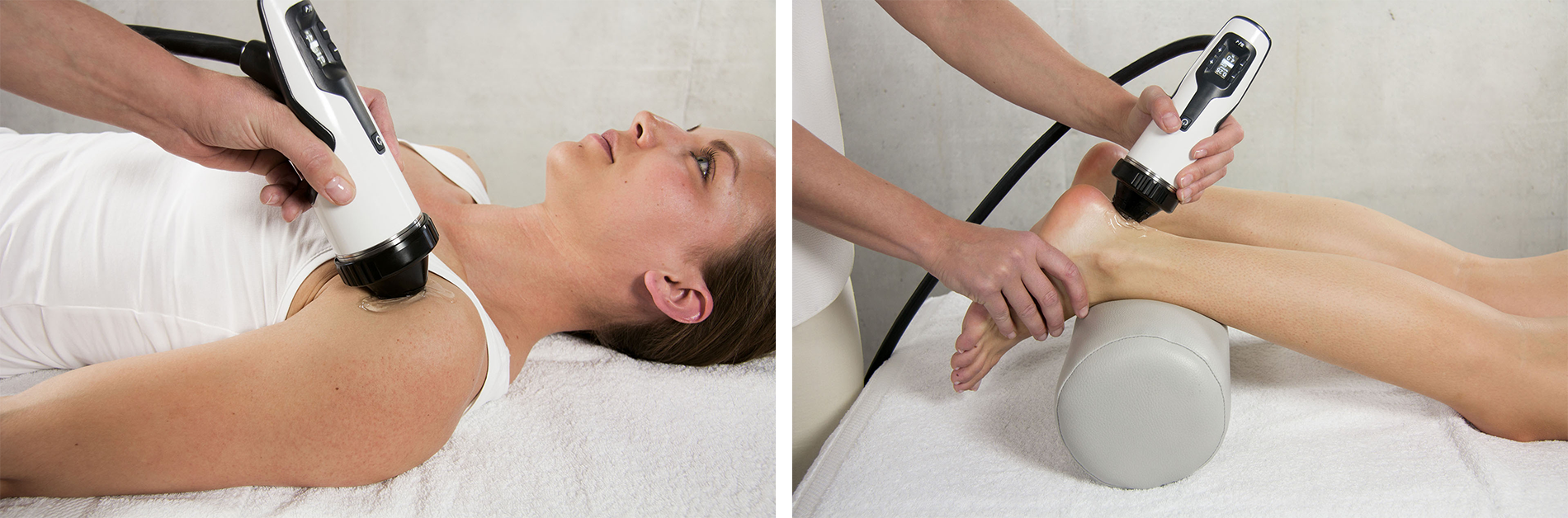 person getting shockwave therapy on shoulder and ankle