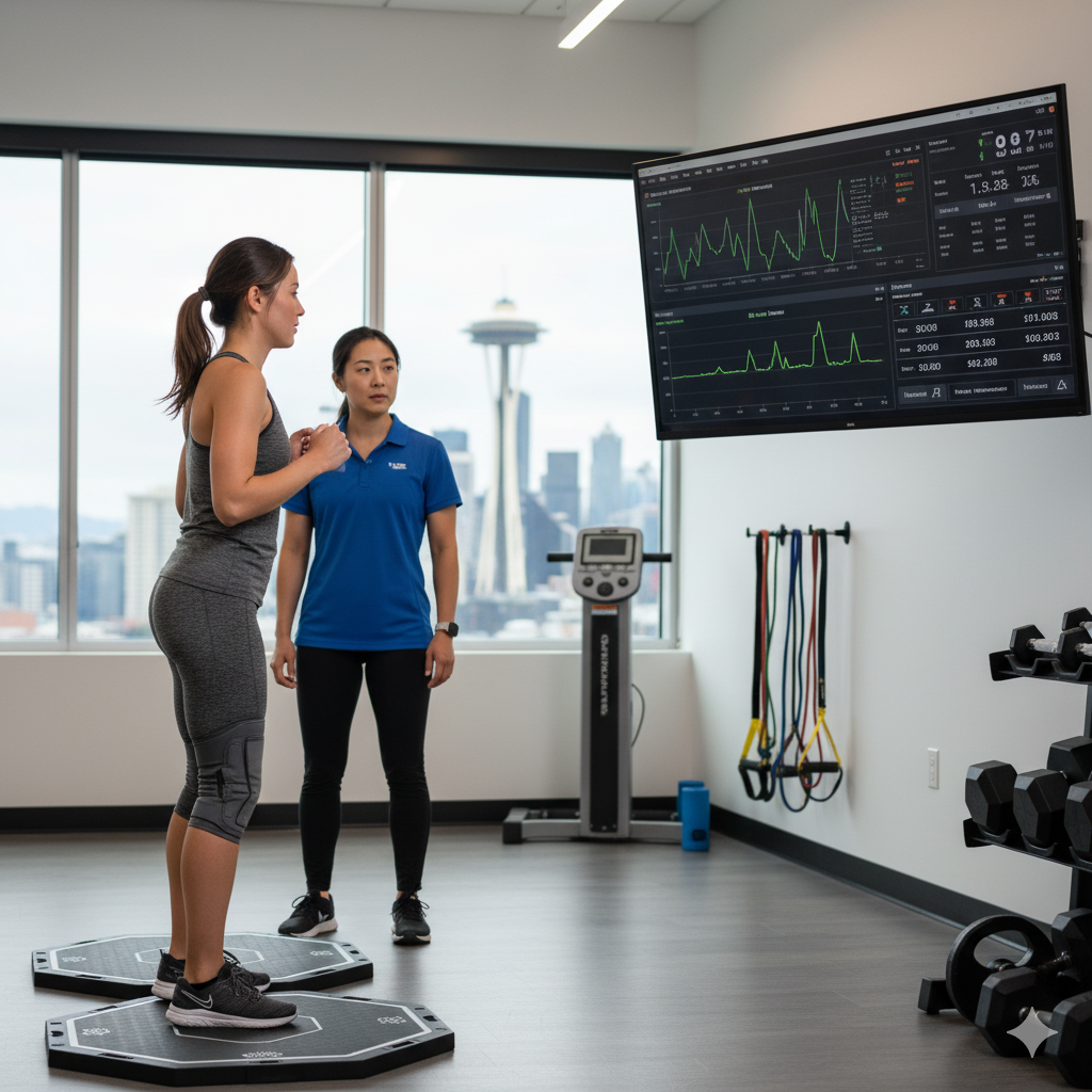 A physical therapist overseeing a patient using force plates for return-to-sport testing, showcasing advanced ACL rehab and physical therapy in Seattle.