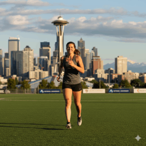 A smiling woman running on a sports field with the Seattle skyline in the background, symbolizing successful ACL rehab and return to sport in Seattle physical therapy.