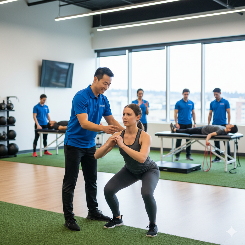 A physical therapist guiding a patient through a squat exercise during ACL rehab, highlighting expert physical therapy in Seattle.